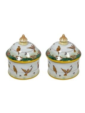 VTG Ceramic Hand Painted Lidded Jar Set Dish Asiatides Mark Chinese Birds 2PCs